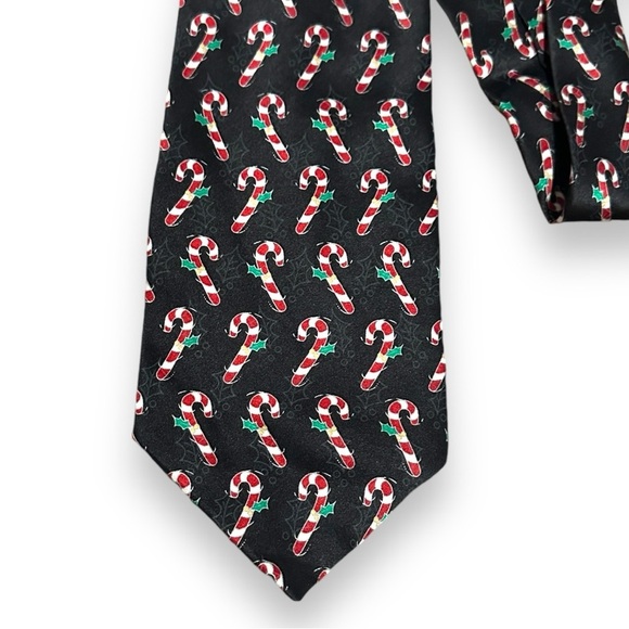 FN Black Candy Canes Holly Silk Neck Tie Men's 58” Christmas Holiday - Picture 2 of 8
